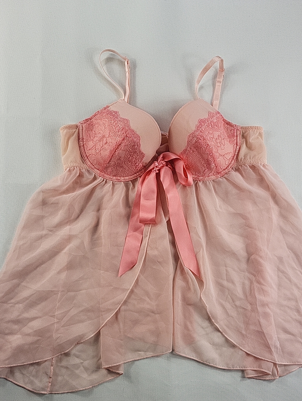 La Vie En Rose Pink Sheer Lace Babydoll with Pink Bows Size XL